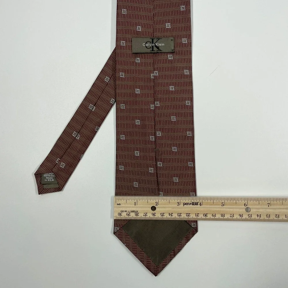 Calvin Klein Burgundy Geometric Silk Necktie Mens One Size